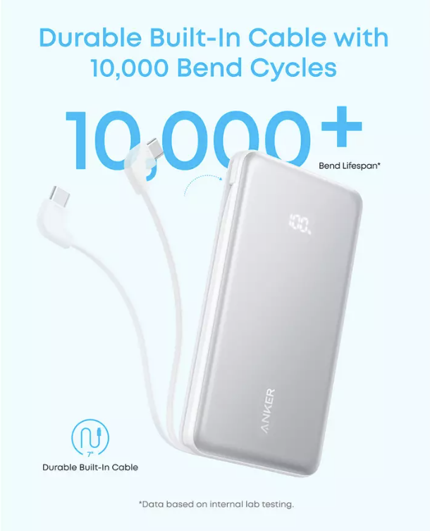 Anker ZOLO Power Bank 10K mAh 22.5W Fast Charging with Built-in USB-C Cable Black - A110DH11