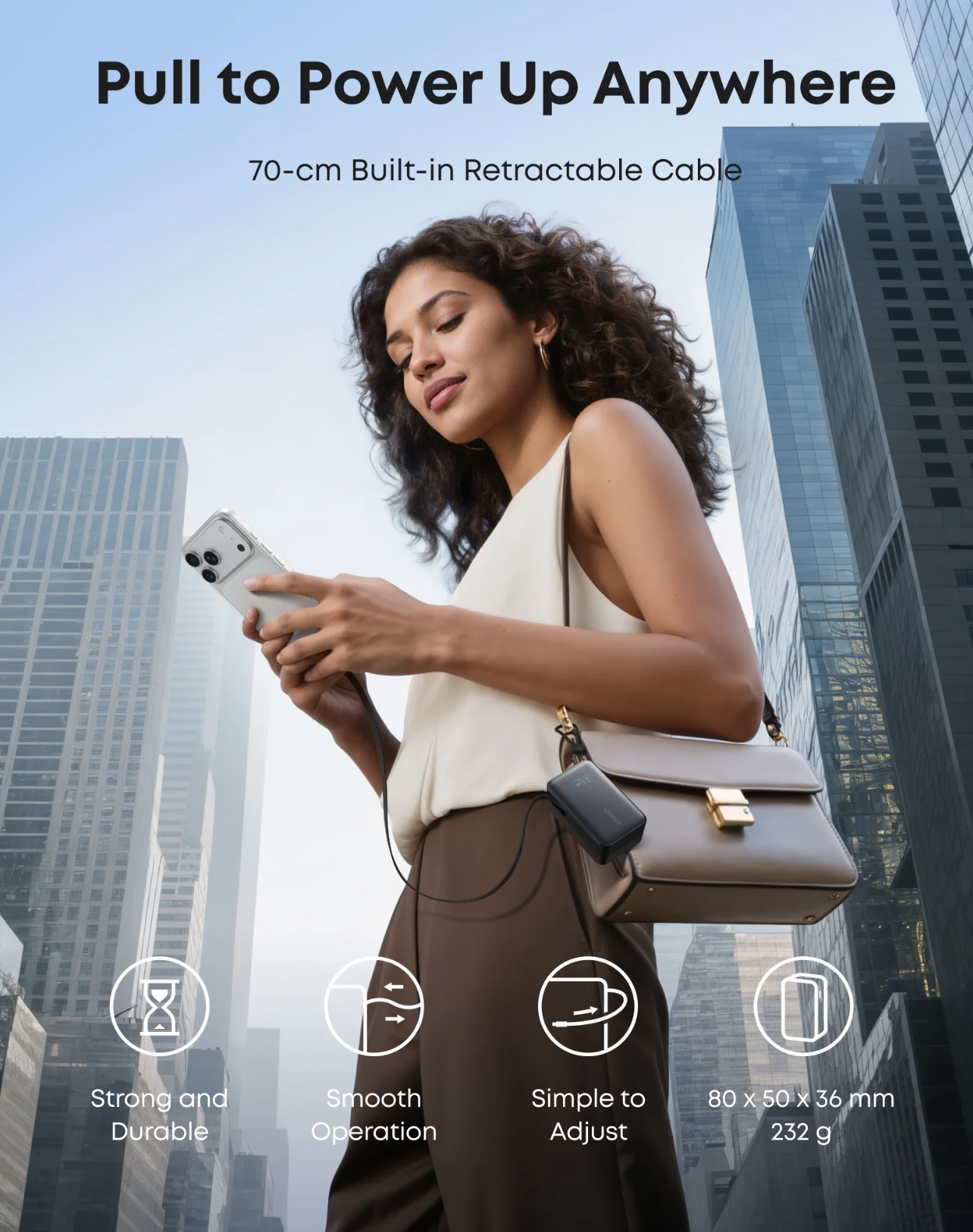 Anker Nano Power Bank 10K mAh Built-In Retractable USB-C Cable 45W Two-Way Fast Charging - A1638H11