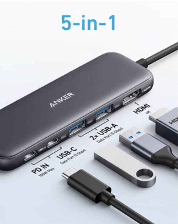 Anker 332 USB-C HUB 5-in-1 Connectivity with Powerful Pass-Through Charging Black - A8355011