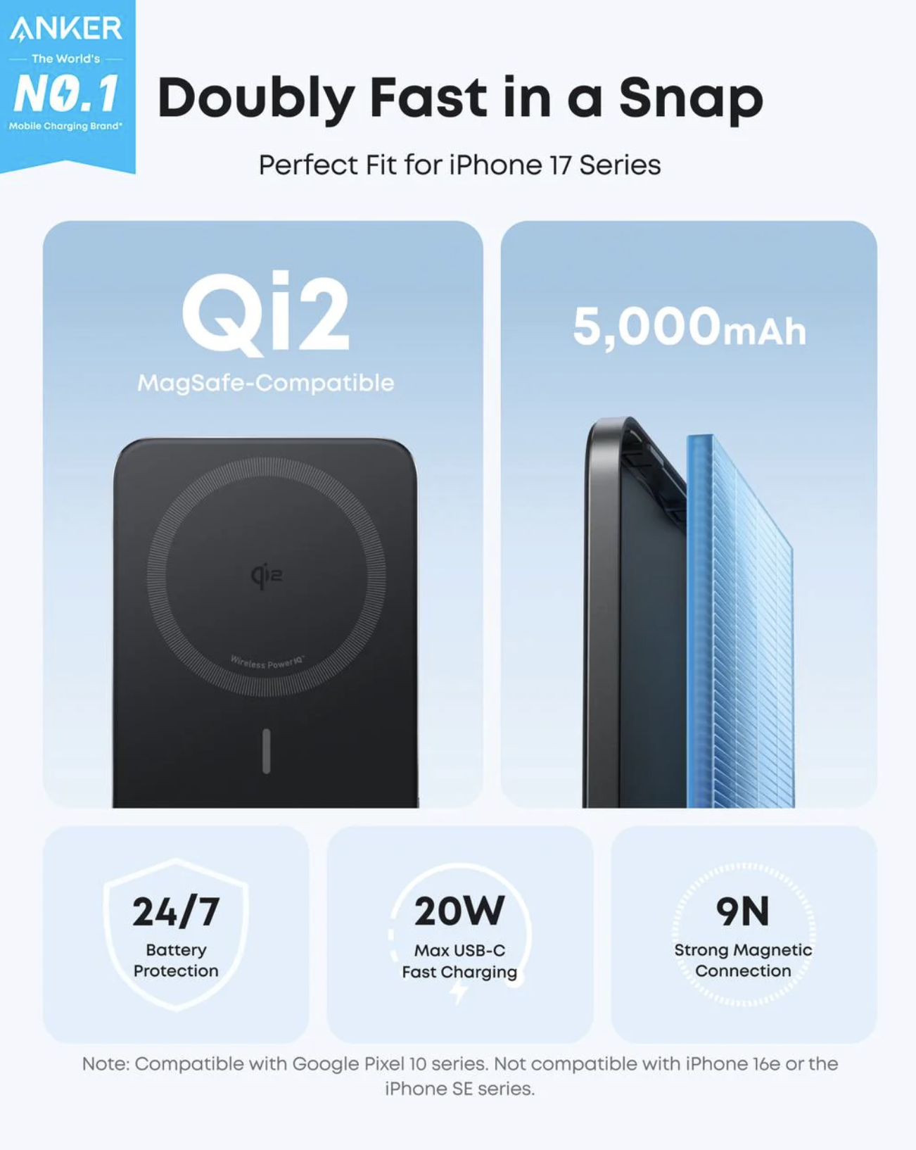 Anker Nano Power Bank 5K mAh Wireless & Fast Chargering Ultra-Slim 15W Black - A1665H11