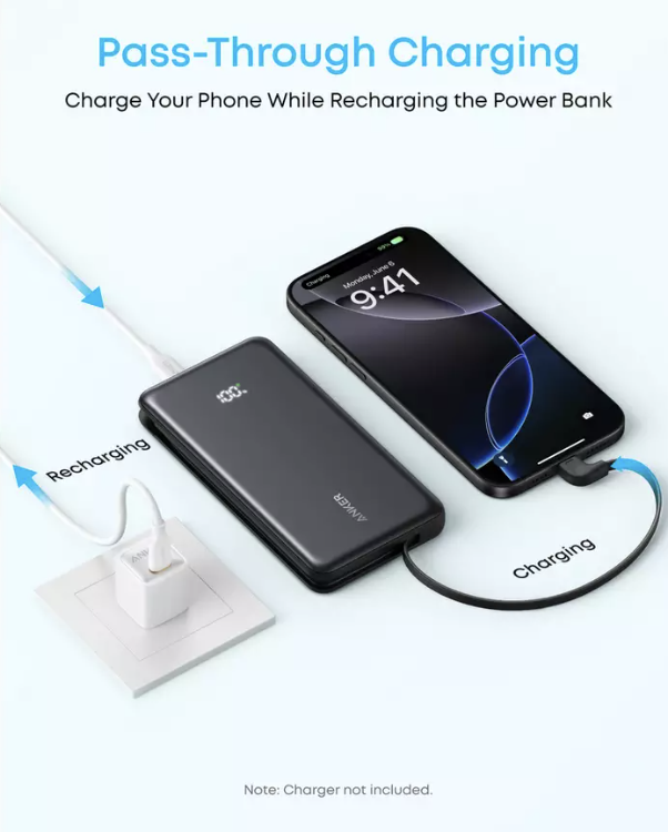 Anker ZOLO Power Bank 10K mAh 22.5W Fast Charging with Built-in USB-C Cable Black - A110DH11