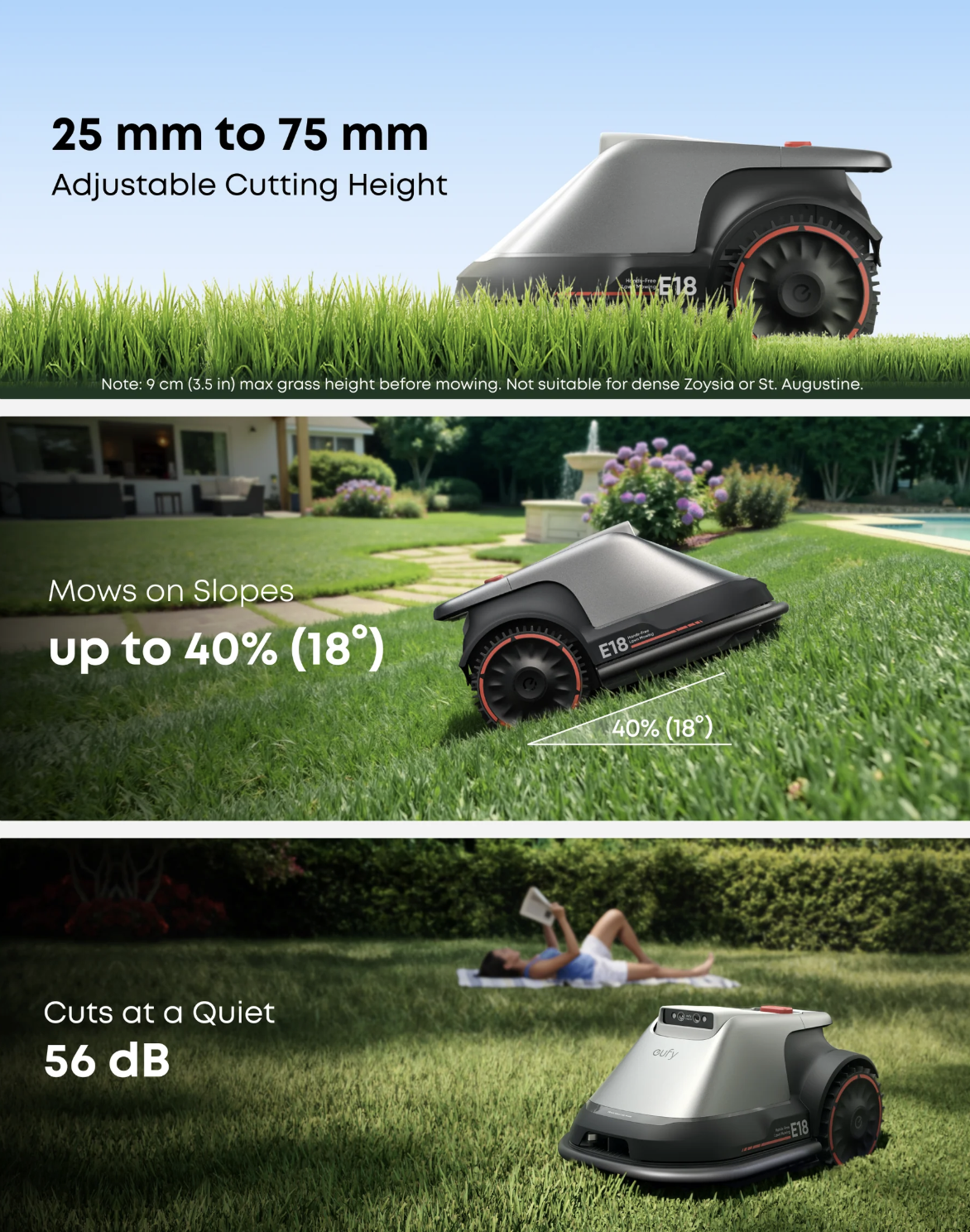 Eufy E18 Robot Cordless Lawn Mower with Hands-Free Auto-Mapping Grey - T28012A1
