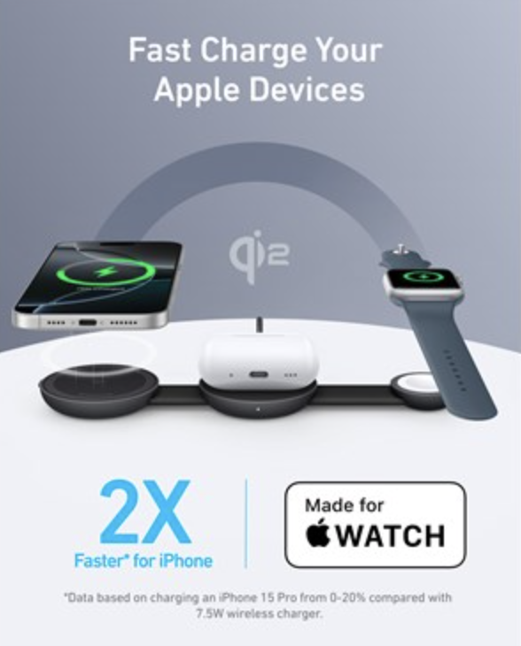 Anker MagGo 3-in-1 Q12 Wireless Fast Charging Station Foldable Pad 5W Black - B25M8H11