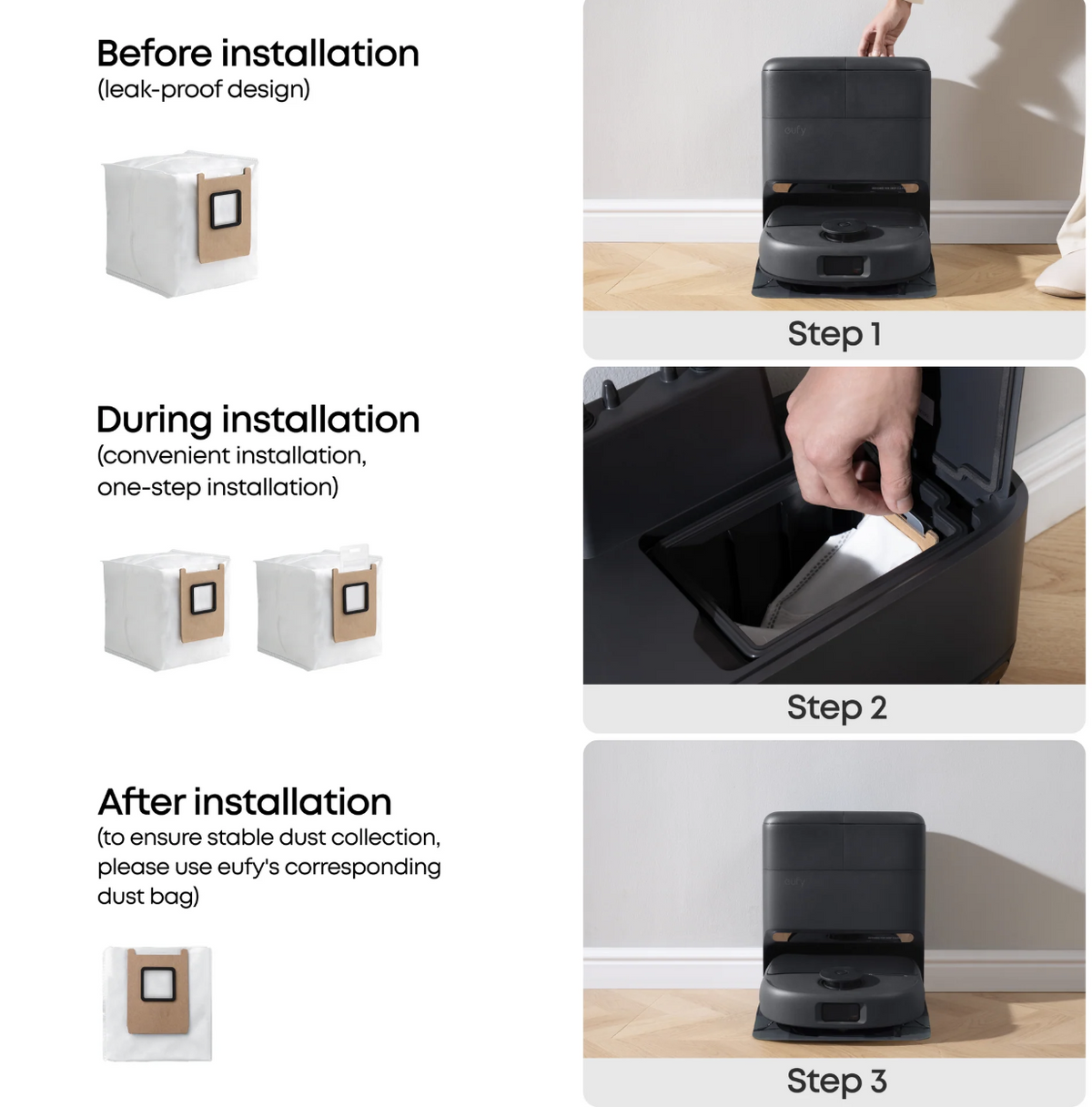 Eufy Dust Bag 3 pieces 3L Leak-Proof Effective Filtration Safe Compatible with C28/E25/E28/E20/X12 Pro - T29YQA20