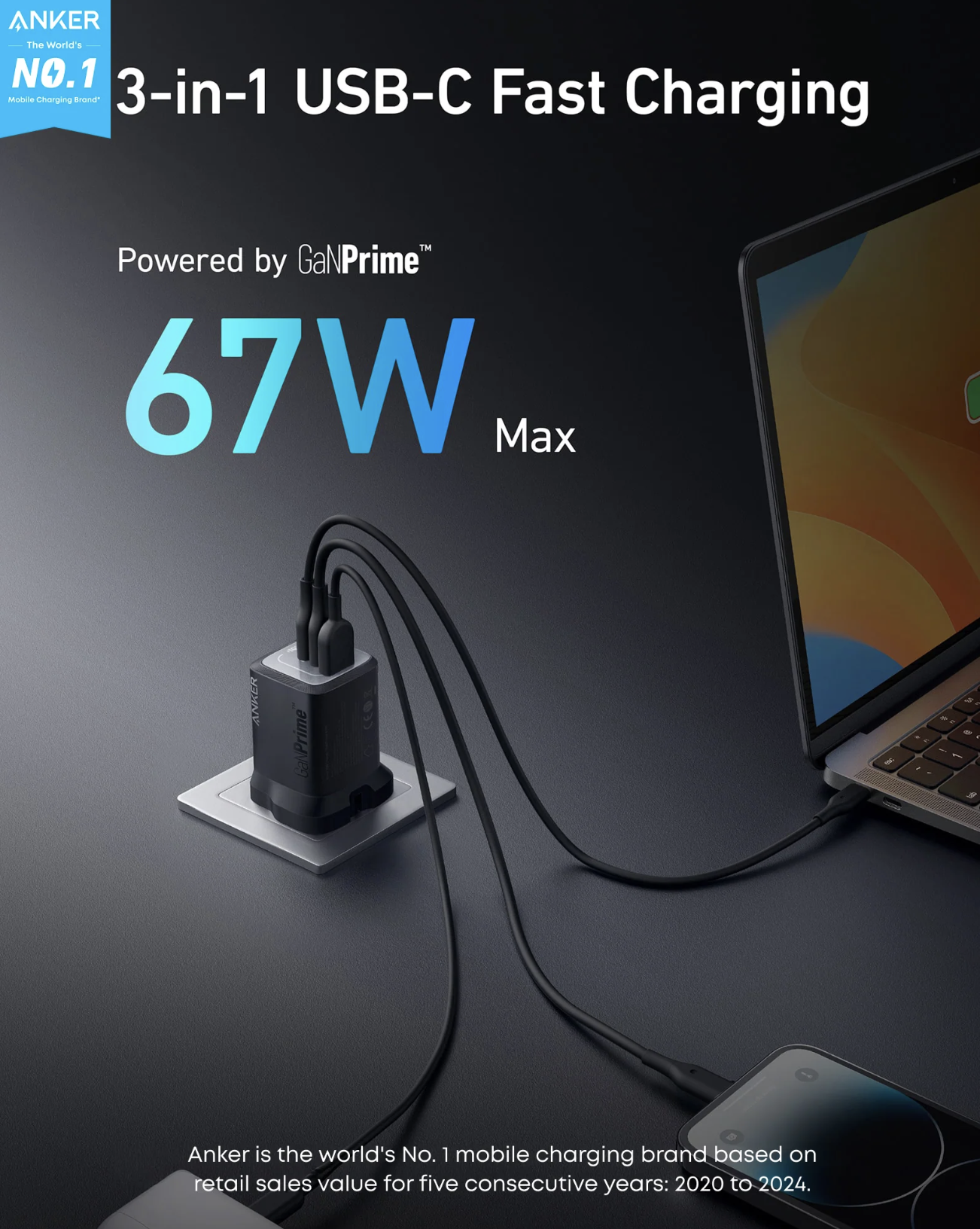 Anker Prime Wall Charger 67W GaN with 3 Ports Ultra-Compact Design Black - A2669213