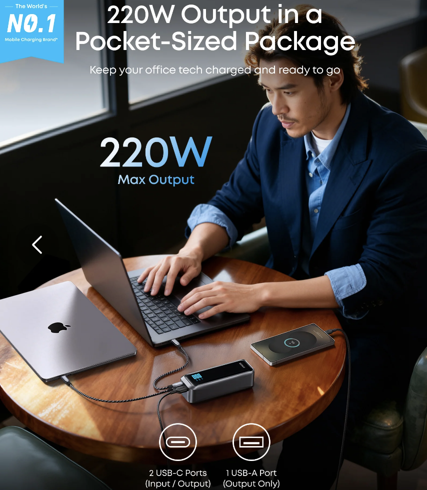 Anker PRIME 20000mAh Power Bank Portable Fast Charging & Recharging 220W - A110BH11