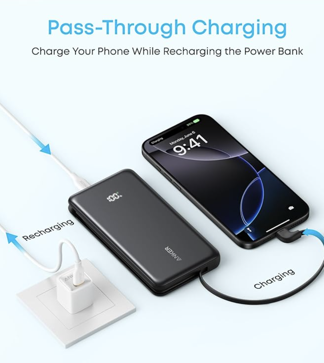 Anker ZOLO Power Bank 10K mAh 22.5W Fast Charging with Built-in USB-C Cable White - A110DH21