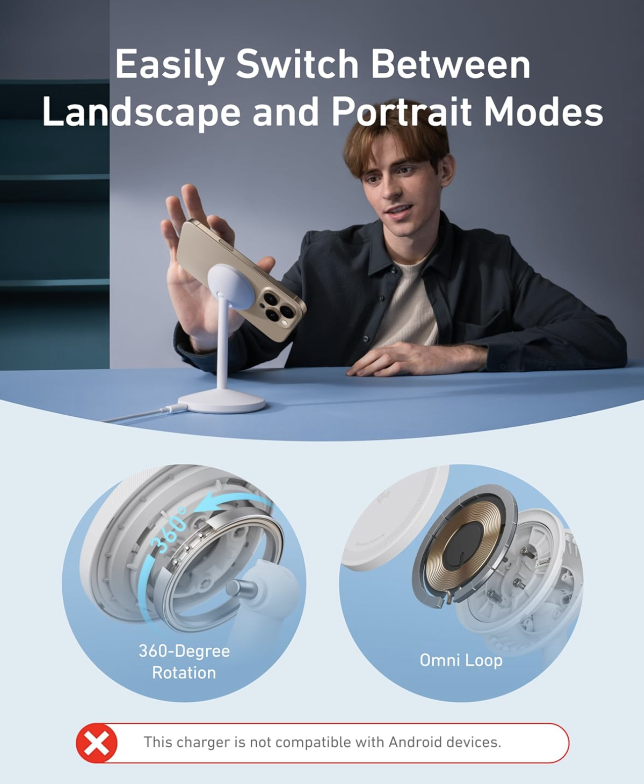 Anker MagGo Wireless Charger Stand with 360° Rotation with Adjustable Charging Surface White - A25X1H21