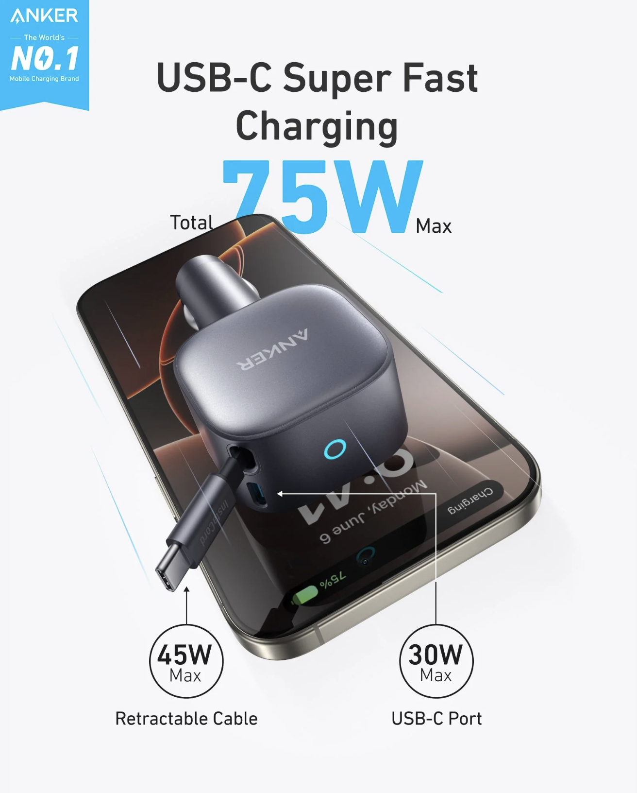 Anker USB-C Car Charger 75W Max Ultra Compact Type C Fast with Built-In Retractable Cable - A2738HA2