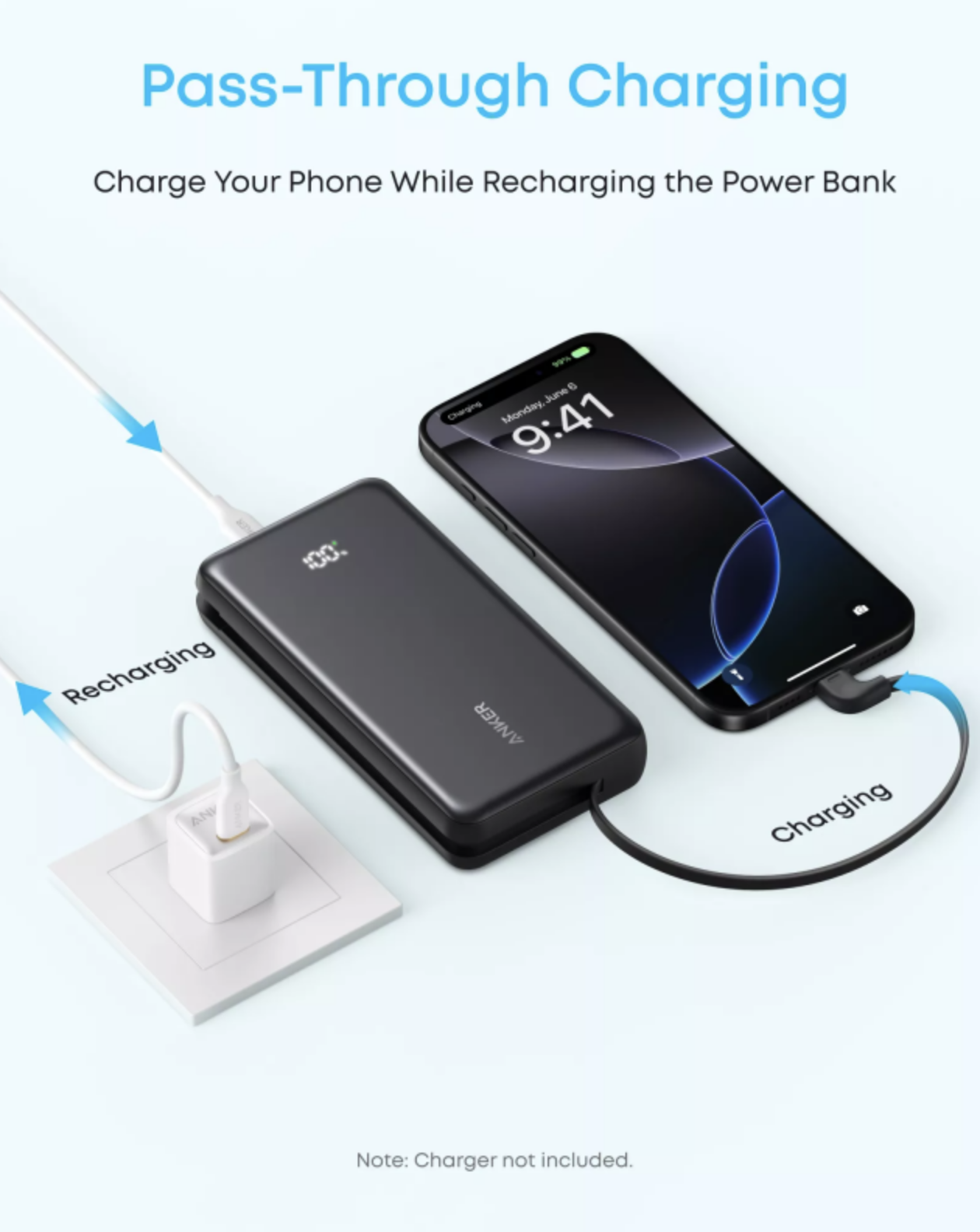Anker ZOLO Power Bank 20K mAh 22.5W Fast Charging with Built-in USB-C Cable White - A110EH21
