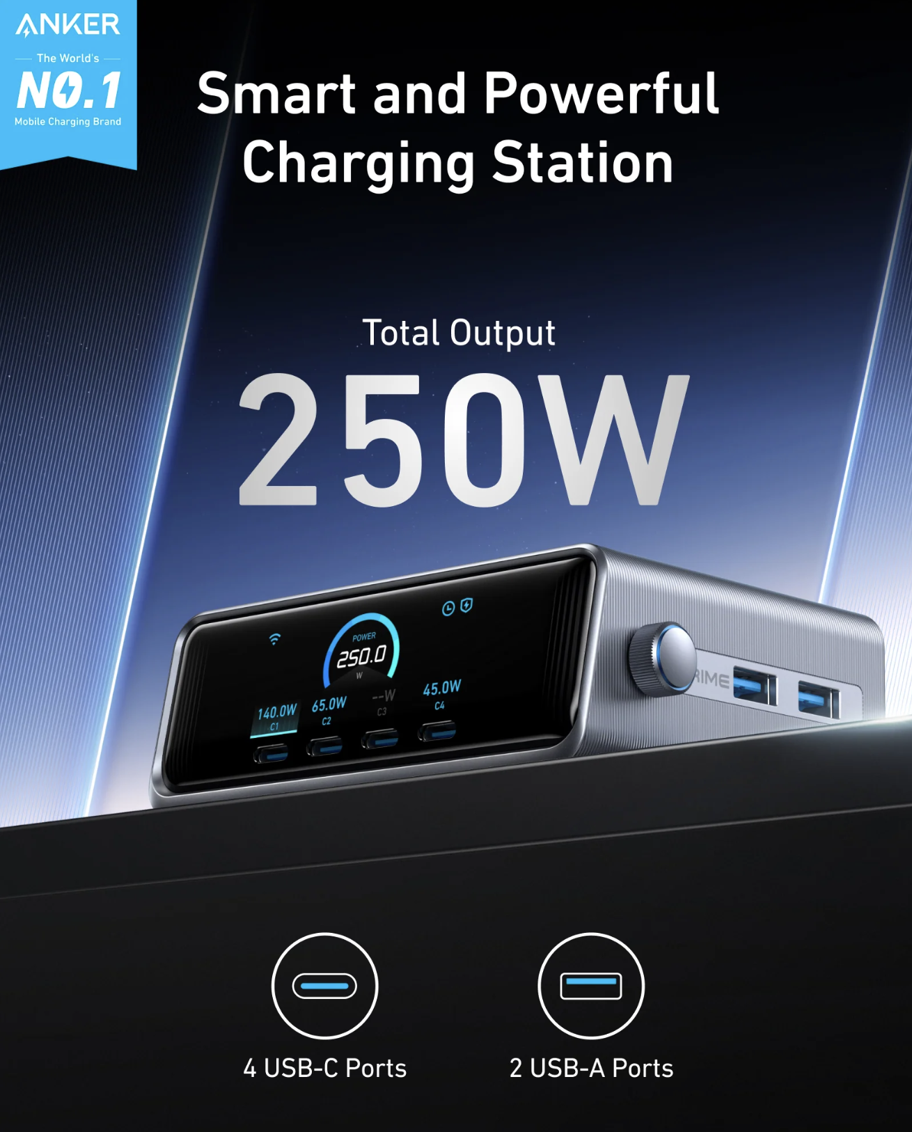 Anker Prime Charger 250W 6 Ports GaNPrime Technology with Smart Control Dial - A2345241
