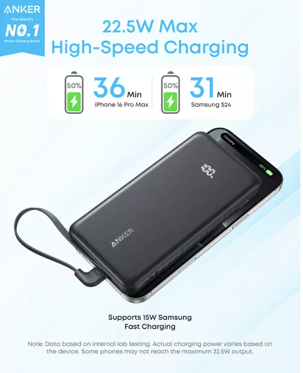 Anker ZOLO Power Bank 10K mAh 22.5W Fast Charging with Built-in USB-C Cable Black - A110DH11