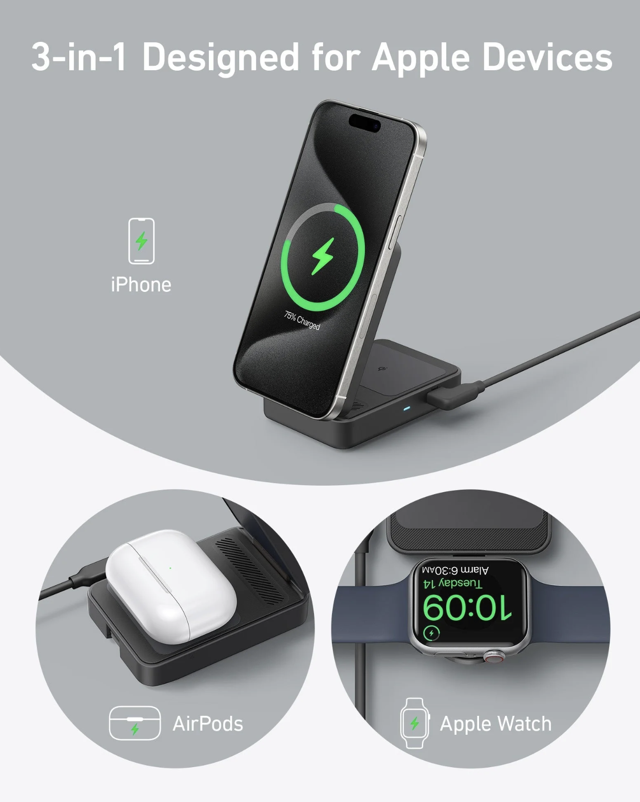 Anker MagGo 3-in-1 Q12 Wireless Ultra Fast Charging Station 15W Foldable Black - B2557212