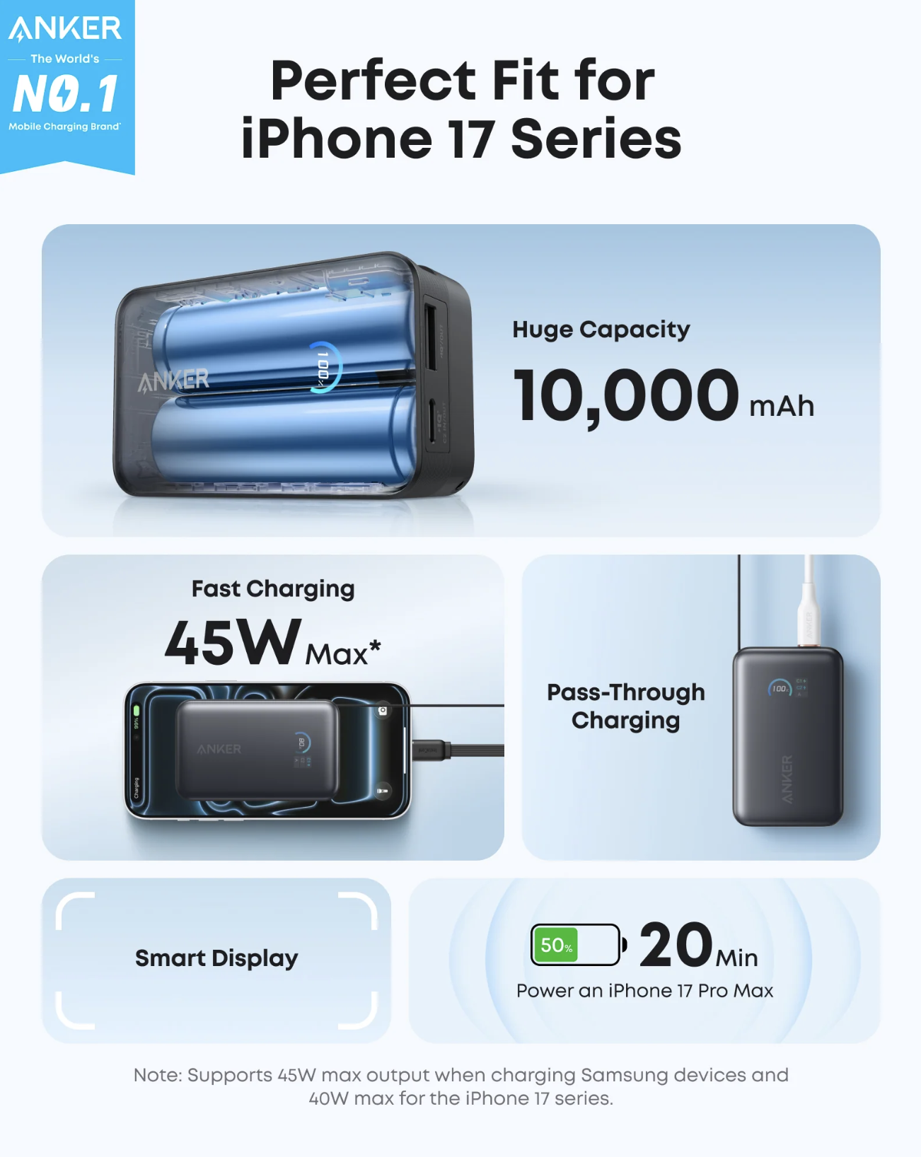 Anker Nano Power Bank 10K mAh Built-In Retractable USB-C Cable 45W Two-Way Fast Charging - A1638H11