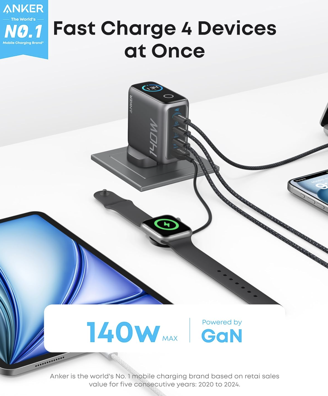 Anker Laptop Charger 140W 4-Port PD 3.1 USB-C Cable with Superior Safety Grey - A2697KZ1