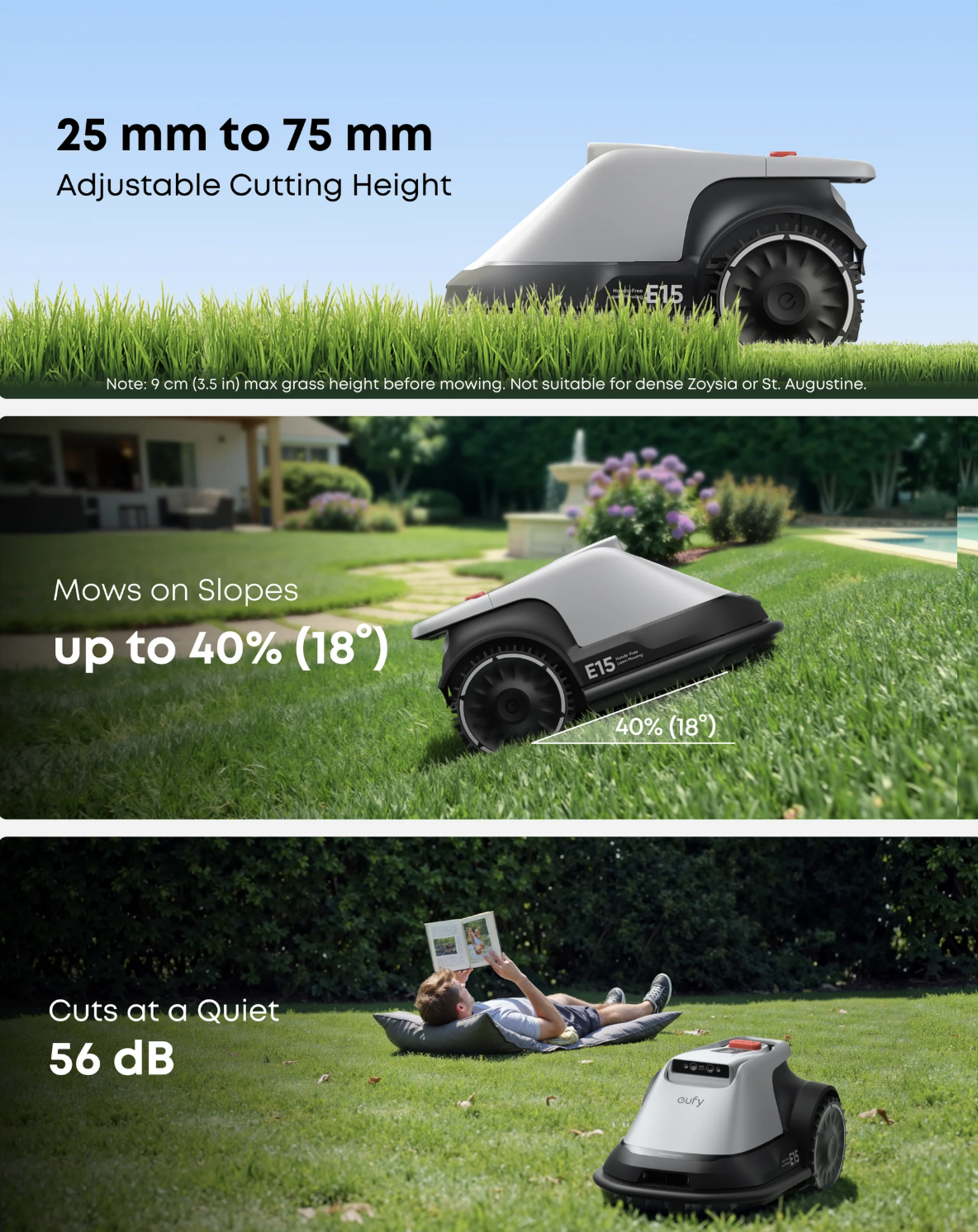 Eufy E15 Robot Cordless Lawn Mower with Accurate Obstacle Avoidance - T28802A2