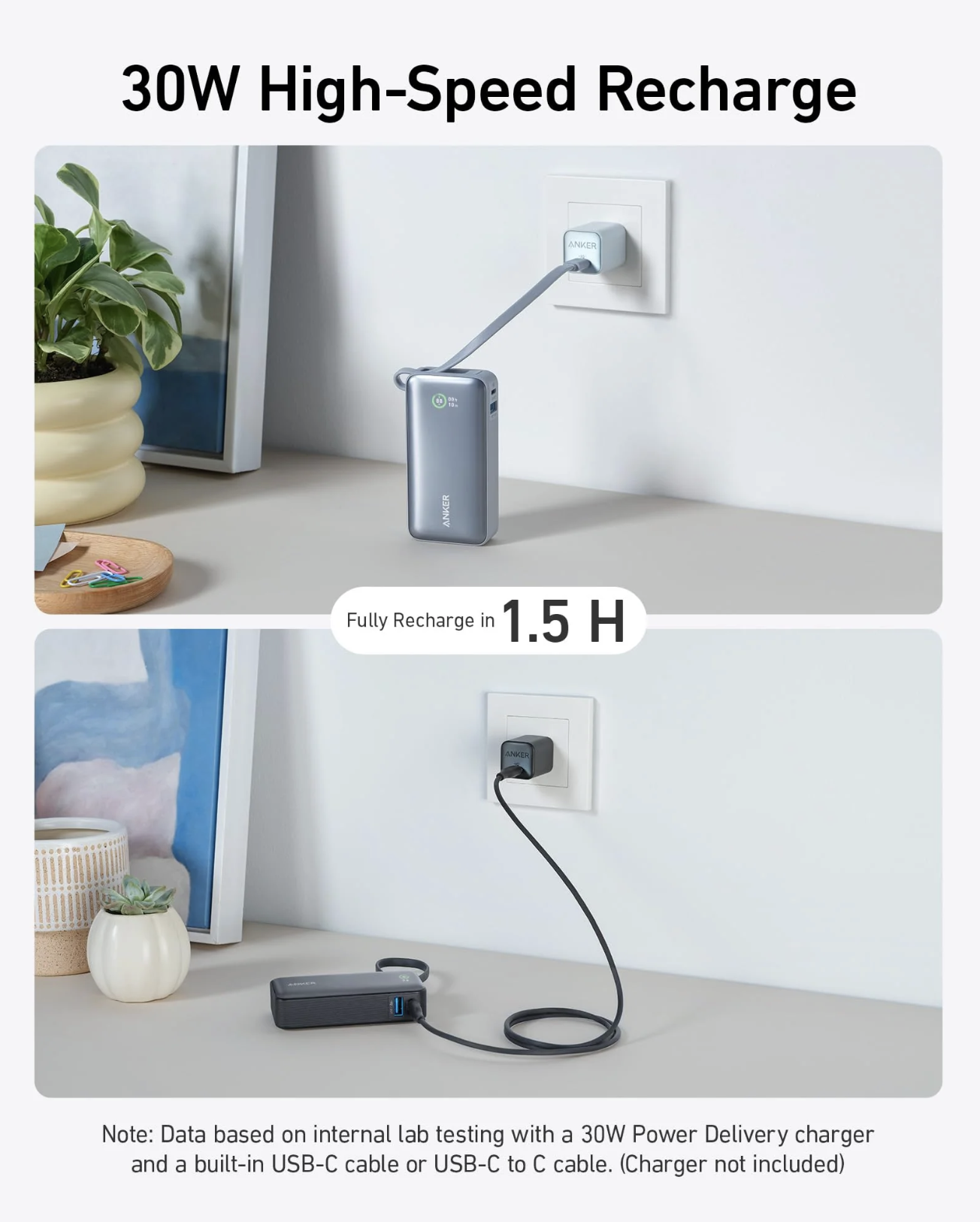 Anker NANO Power Bank 30W with Built-In USB-C Cable Fast Charging Black - A1259H11