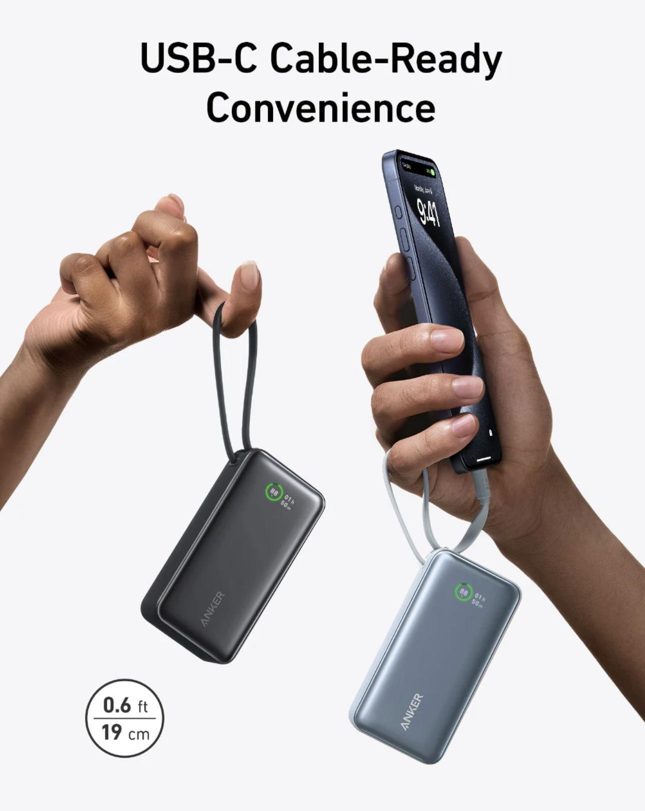 Anker NANO Power Bank 30W with Built-In USB-C Cable Fast Charging Black - A1259H11
