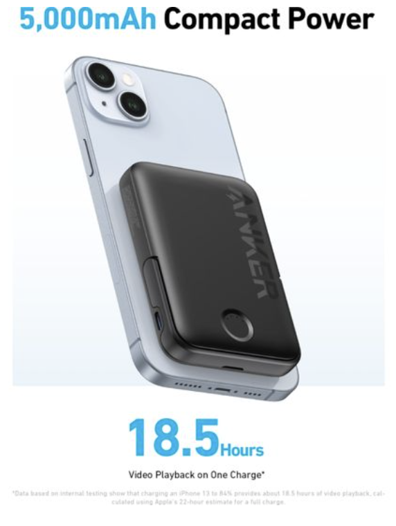 Anker 322 MagGo 5K mAh Magnetic Power Bank Wireless & USB C Port 7.5W Black - A1618G11