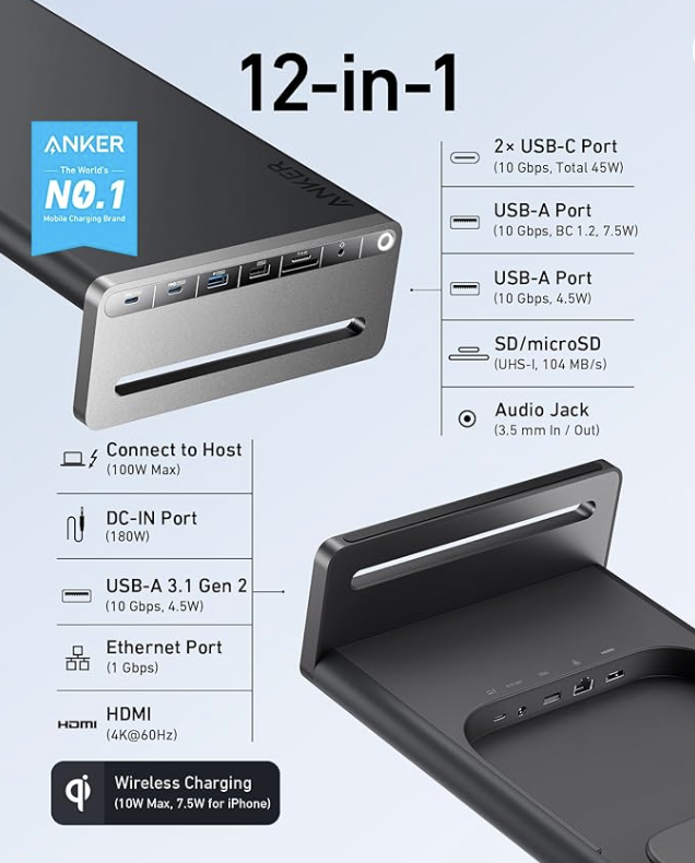 Anker 675 USB-C Laptop 12-in-1 Docking Station & Port Replicator Gen 1 Type-C Black - A83772Z1