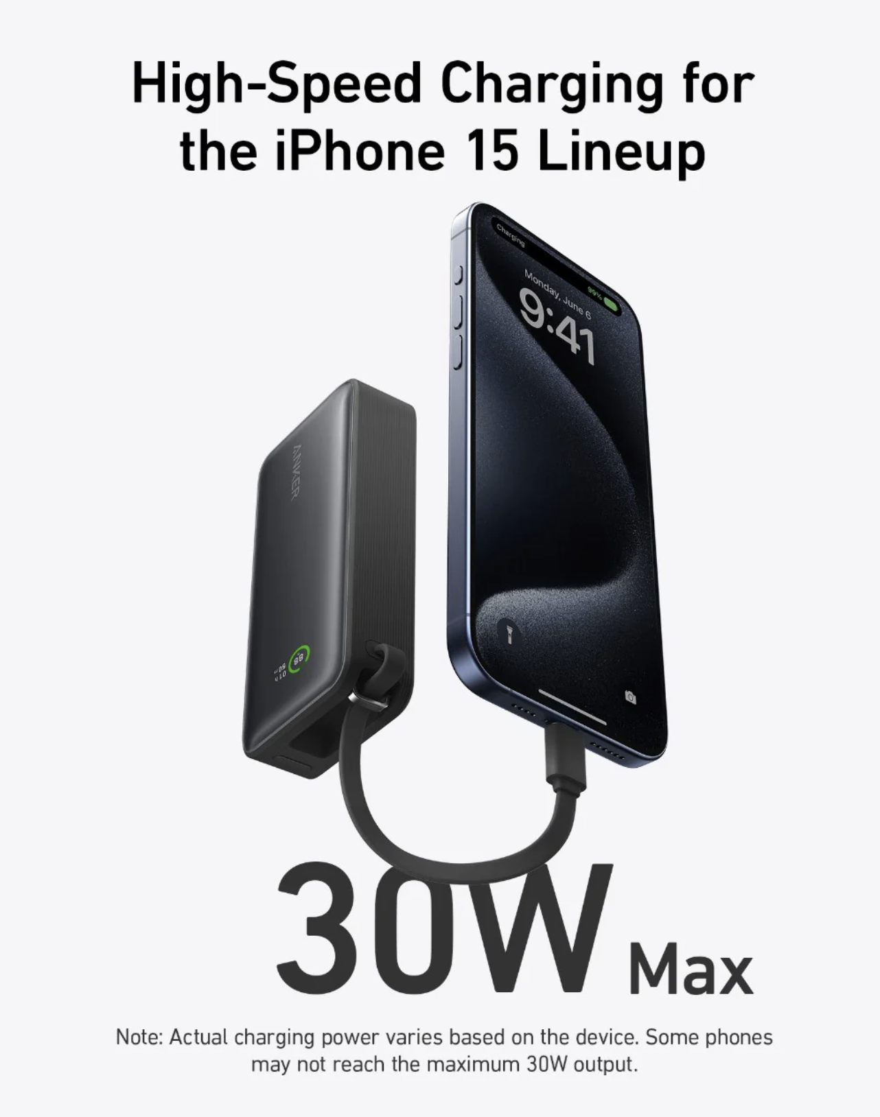 Anker NANO Power Bank 30W with Built-In USB-C Cable Fast Charging Black - A1259H11