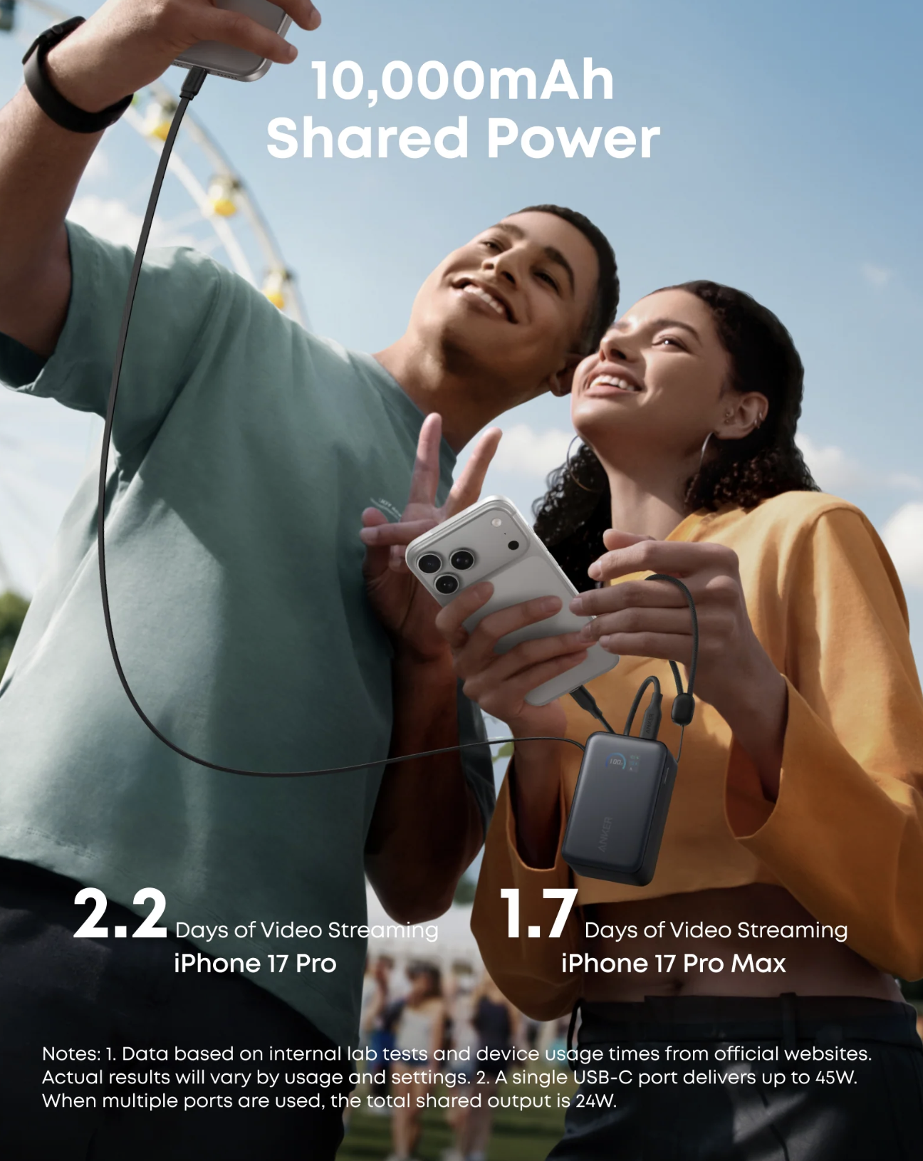 Anker Nano Power Bank 10K mAh Built-In Retractable USB-C Cable 45W Two-Way Fast Charging - A1638H11