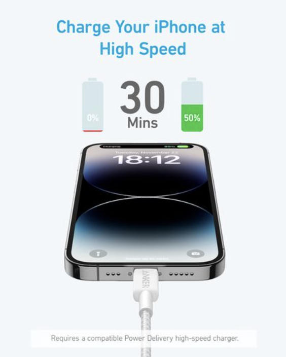 Anker 322 USB-C to Lightning Charging Cable 6FT Braided MFi Certified White - A81B6G21