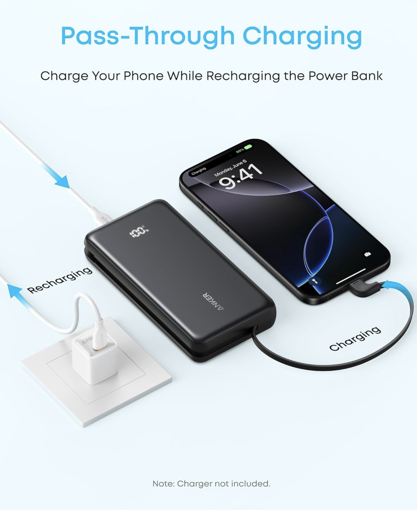 Anker ZOLO Power Bank 20K mAh 22.5W Fast Charging with Built-In USB-C Cable Black - A110EH11