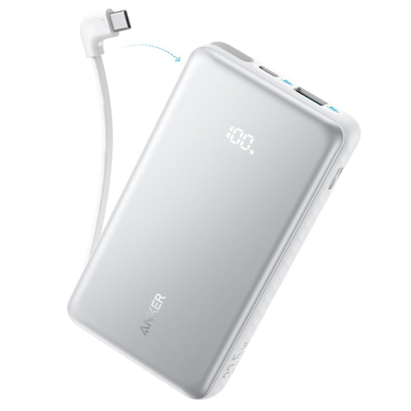Anker ZOLO Power Bank 10K mAh 22.5W Fast Charging with Built-in USB-C Cable White - A110DH21