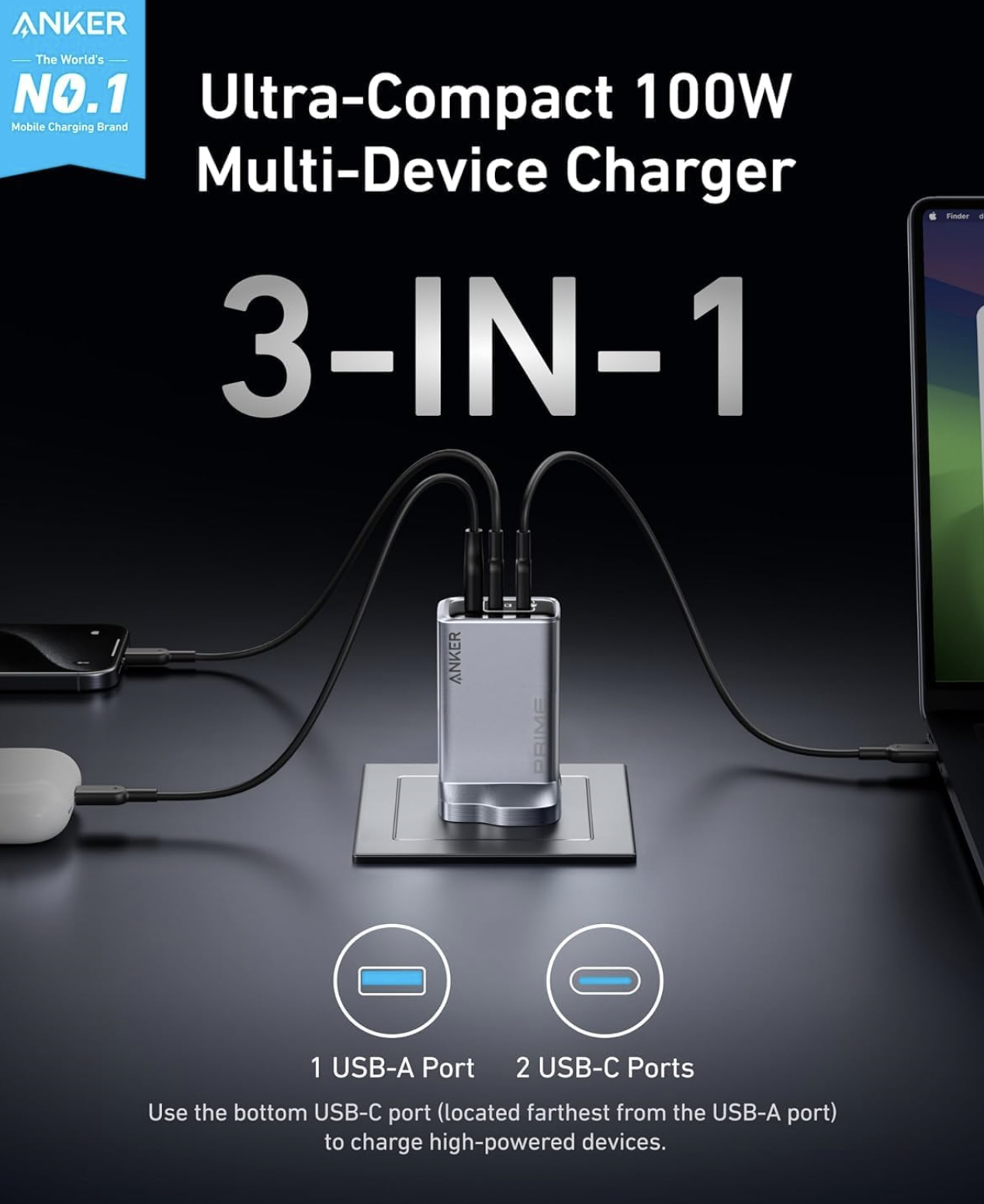 Anker Prime Wall Charger 100W GaN with 3 Ports High Speed Charging Grey - A2688241