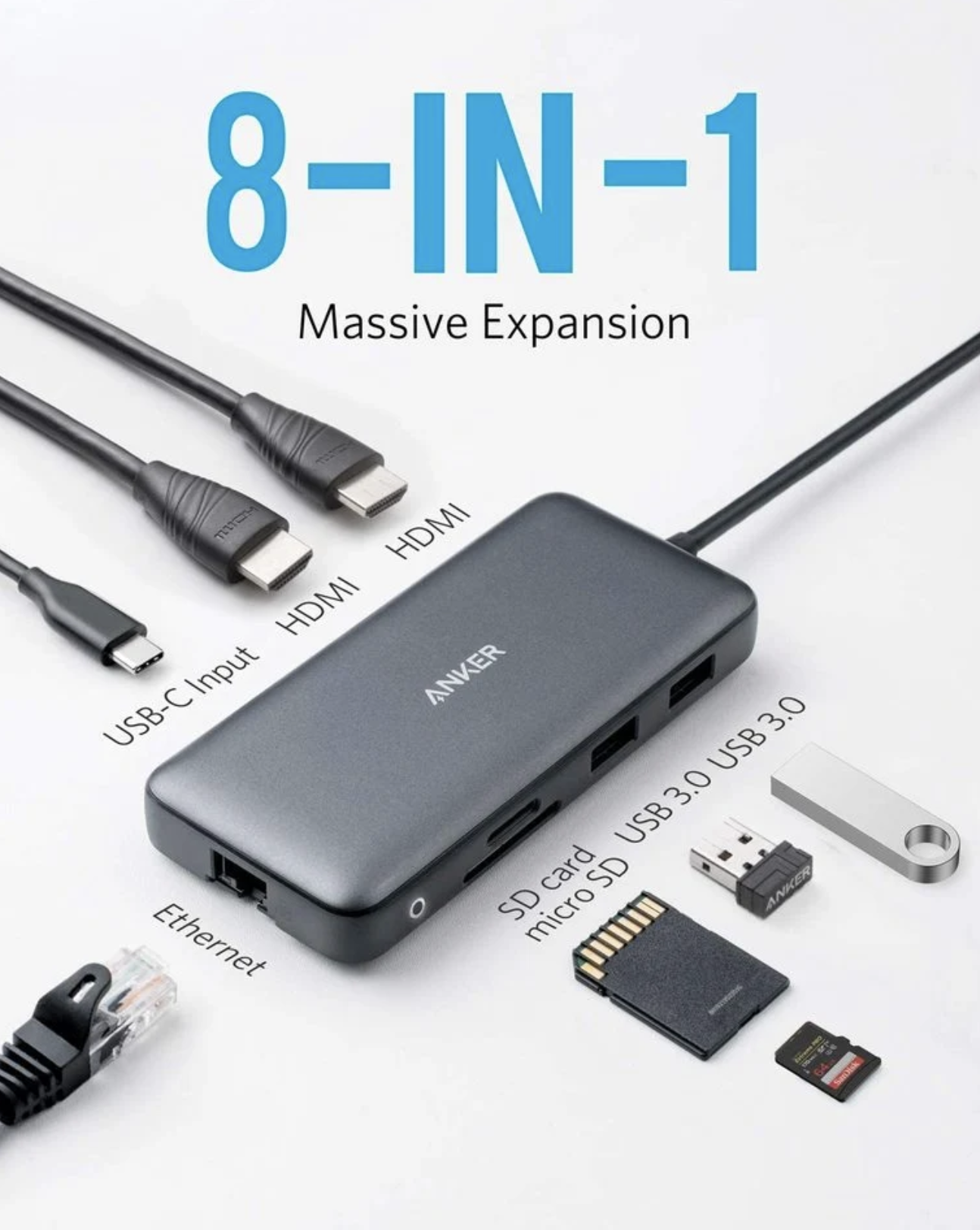 Anker 553 PowerExpand 8-in-1 USB-C Media Hub with Dual HDMI Display Black - A83800A1